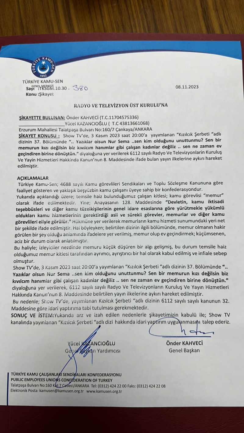 MEMURLARIMIZA HAKARET EDEN DİZİYİ RTÜK’E ŞİKAYET ETTİK