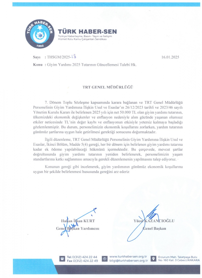 TRT PERSONELİ İÇİN GİYİM YARDIMI TUTARININ GÜNCELLENMESİ İÇİN TALEPTE BULUNDUK-2686