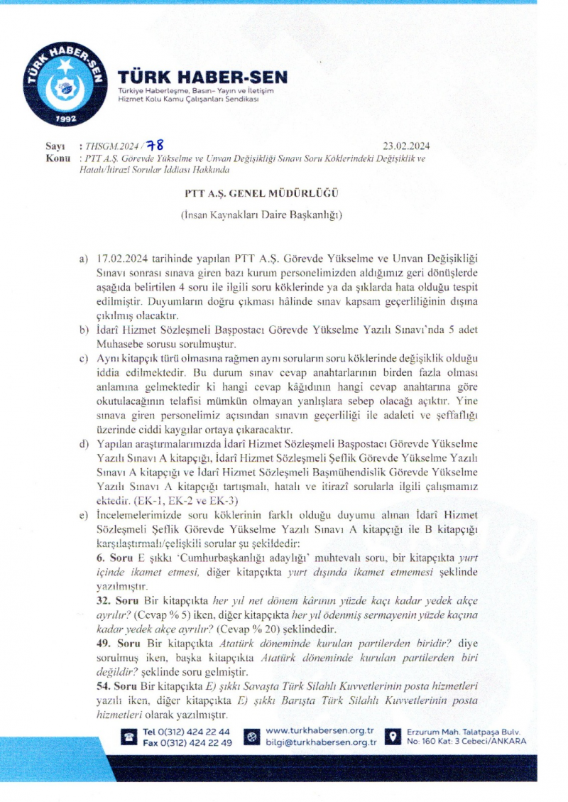 PTT AŞ'DE  YAPILAN GÖREVDE YÜKSELME VE UNVAN DEĞİŞİKLİĞİ SINAVINA İTİRAZ ETTİK-2139