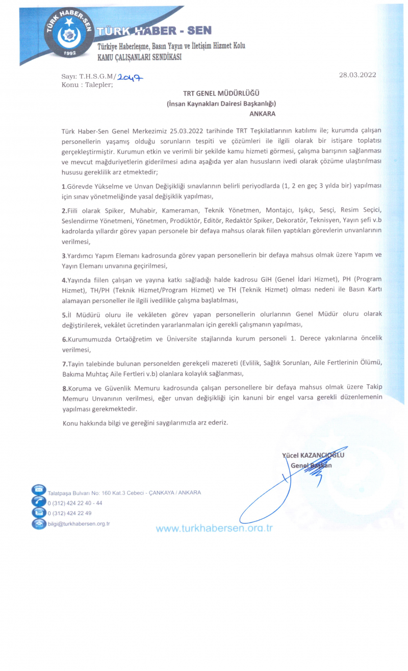 TRT GENEL MÜDÜRLÜĞÜ'NE GENEL TALEPLERİMİZ İÇİN BAŞVURUDA BULUNDUK-1021