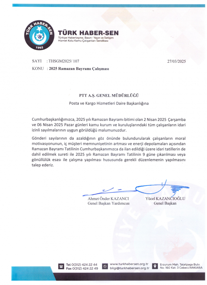 PTT' NİN 2025 RAMAZAN BAYRAMI ÇALIŞMASI İLE İLGİLİ GÖNÜLLÜLÜK ESASI İÇİN TALEPTE BULUNDUK-3075