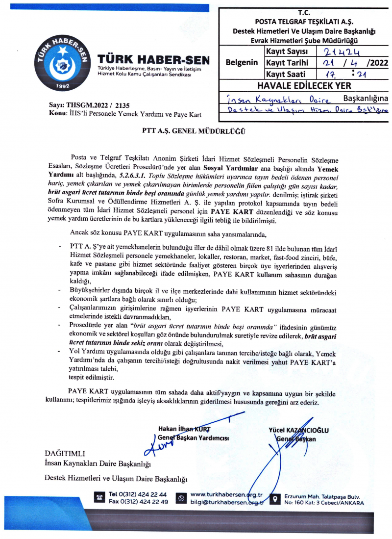 PTT'YE PAYE KART UYGULAMASI İÇİN TALEPLERİMİZ İLETTİK-1086