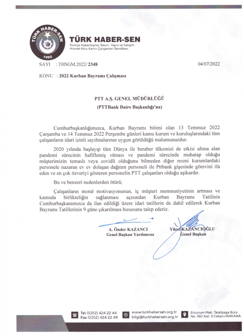 PTTBANK DAİRE BAŞKANLIĞINA KURBAN BAYRAMI TATİLİ'NİN  9 GÜN OLMASI YÖNÜNDEKİ TALEBİMİZİ İLETTİK-1182