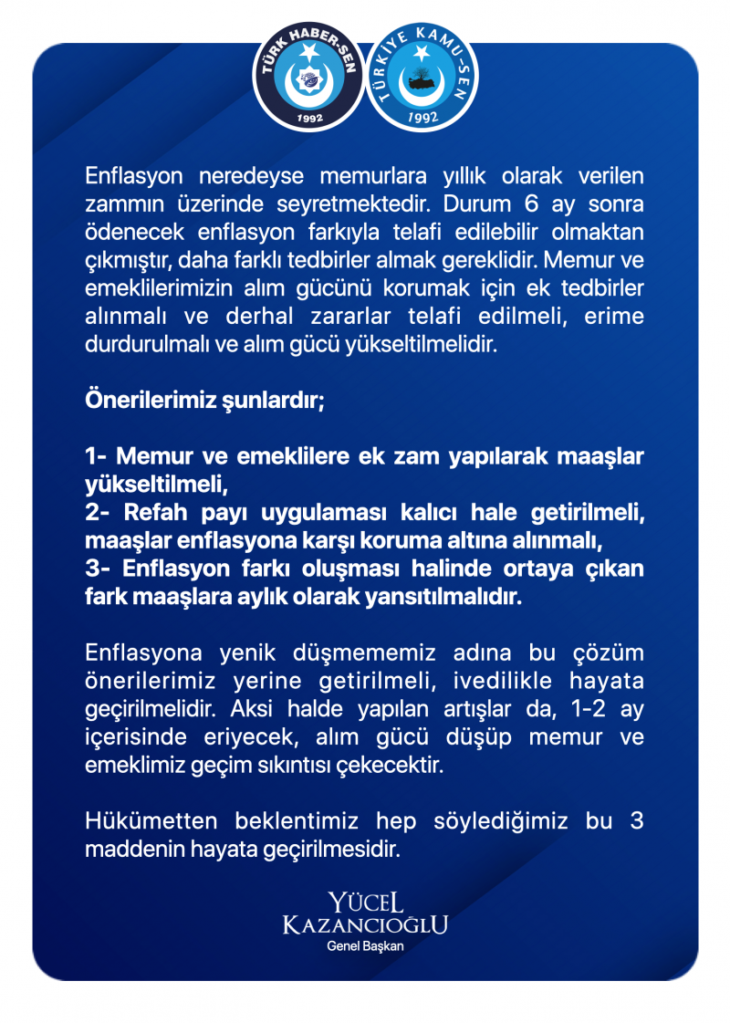MEMUR VE EMEKLİLERİN ALIM GÜCÜNÜ KORUMAK İÇİN EK TEDBİRLER ALINMALIDIR.-1186