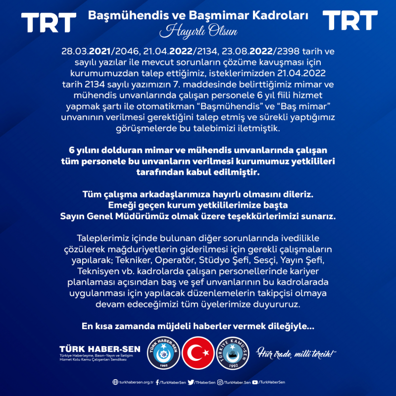 TRT'DE BAŞMÜHENDİS VE BAŞMİMAR KADROLARI HAYIRLI OLSUN-1361